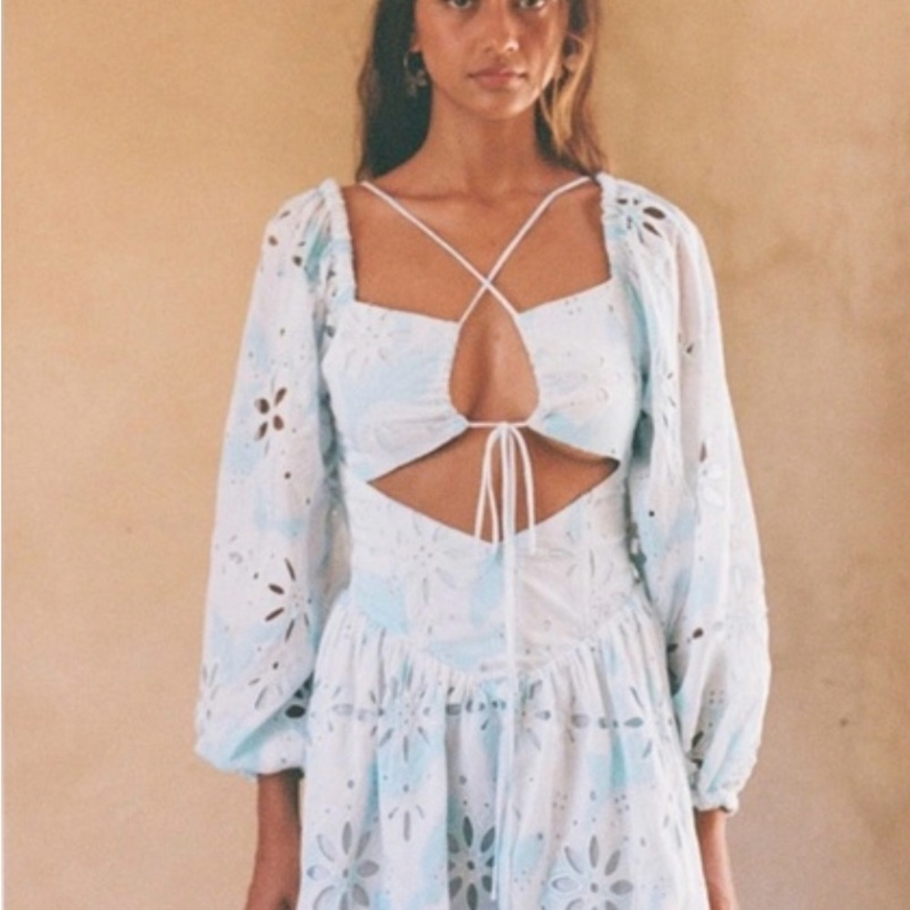 Sabo Skirt Light Blue Eyelet Puff-Sleeve Mini Dress - Picture 2 of 4